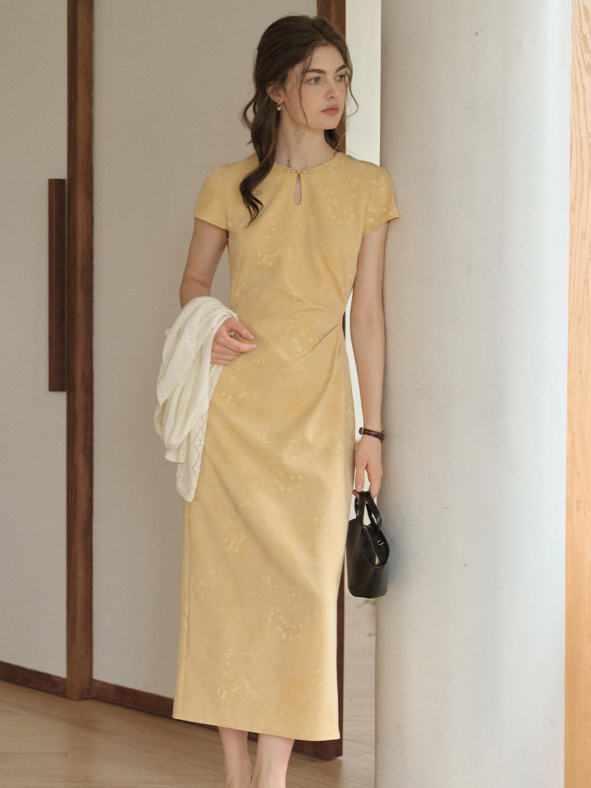 Mustard Yellow Slim Fit Paradox Good Stylists Floral Short Sleeve Dress