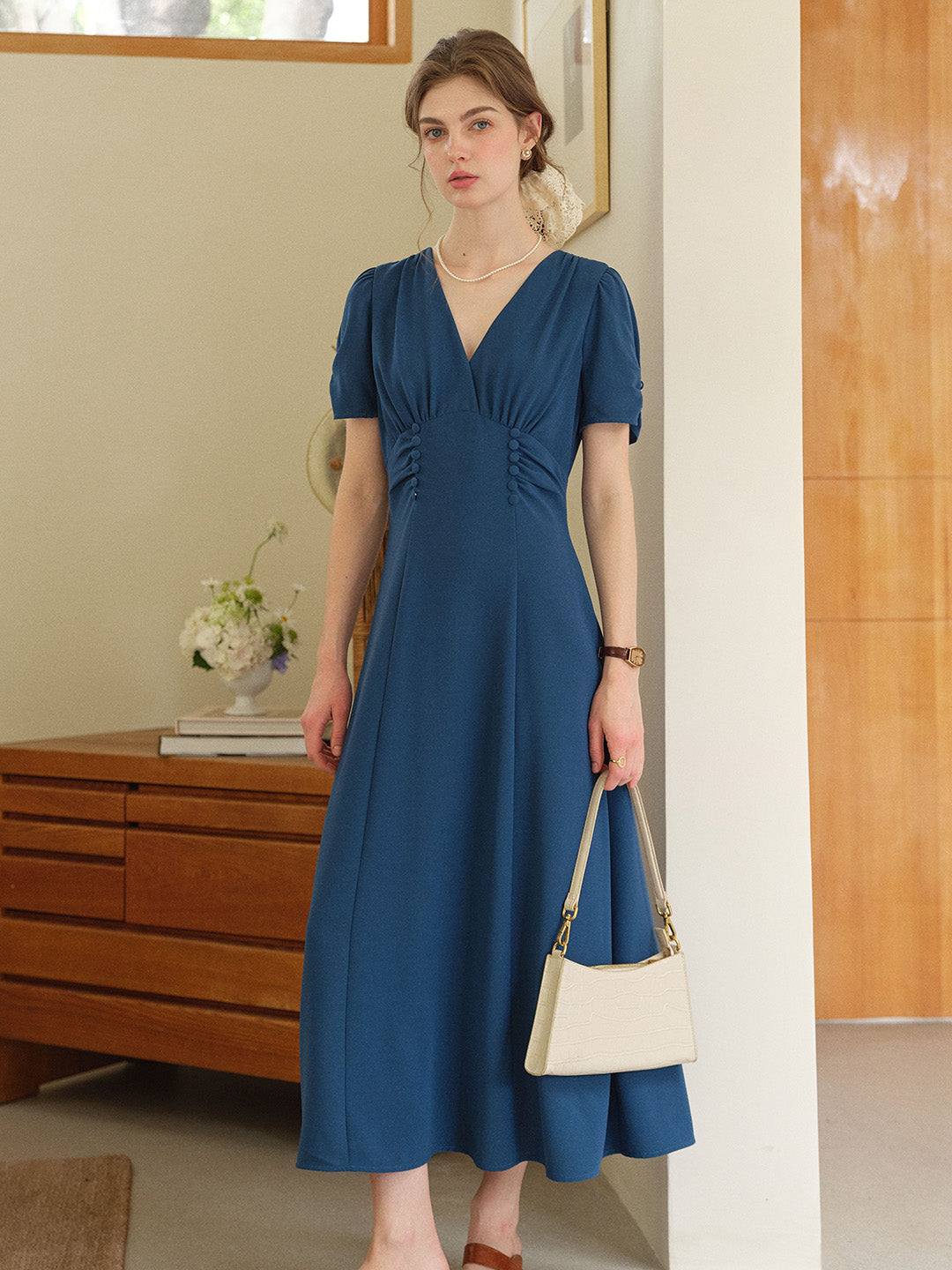 Navy Blue Ataraxia Good Stylists Shirred Bodice V-Neck Puff Sleeve Midi Dress