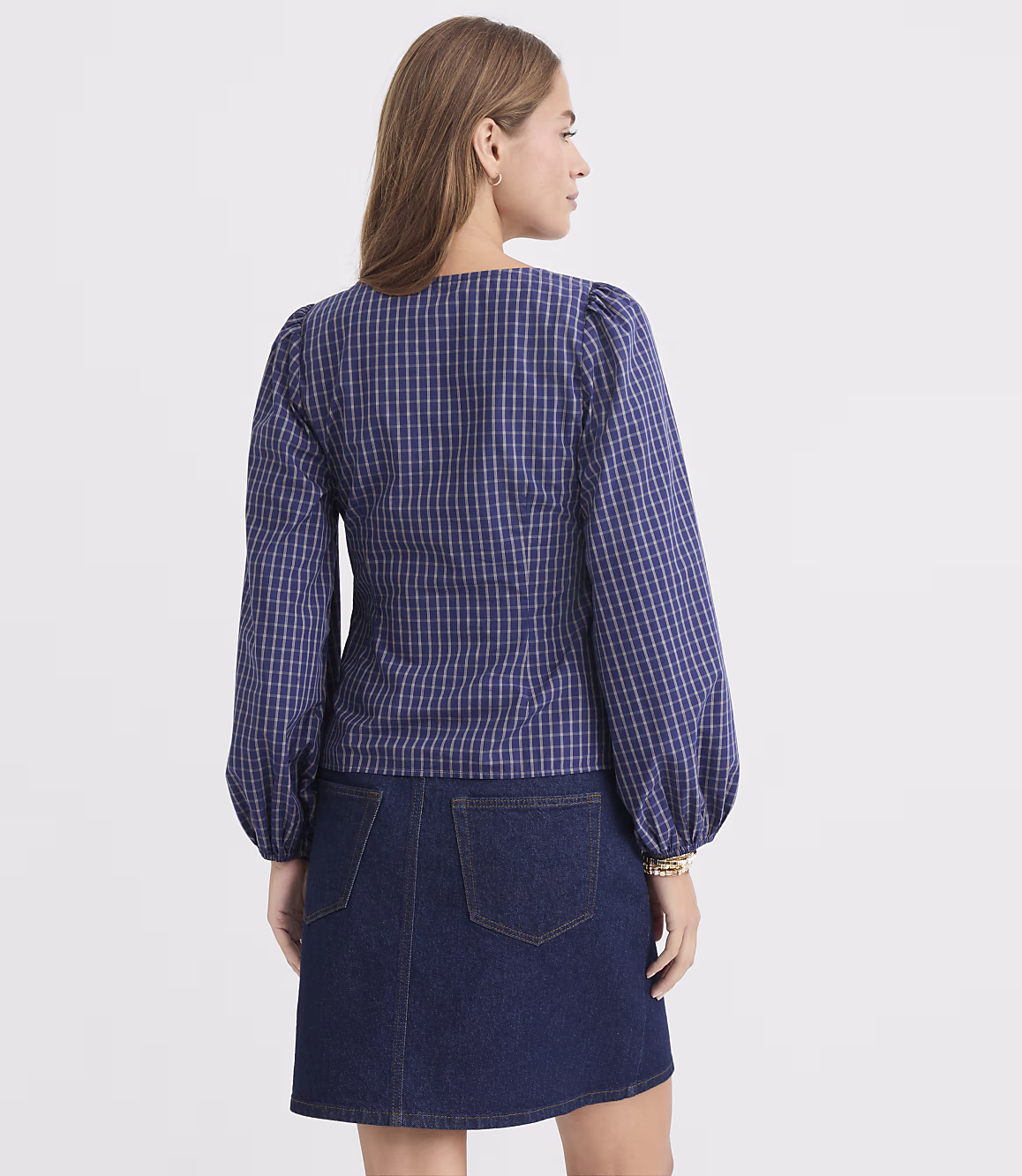 Navy Blue Plaid Zenvira Top with balloon sleeves
