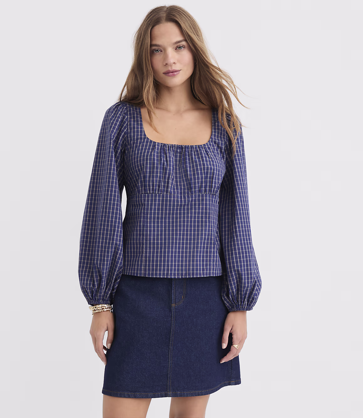 Navy Blue Plaid Zenvira Square Neck Balloon Sleeve Top