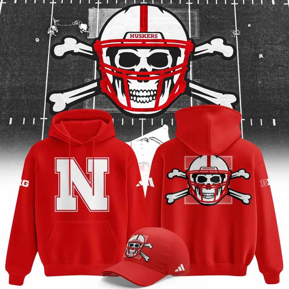 Nebraska Huskers Skull Helmet Red Pullover Hoodie