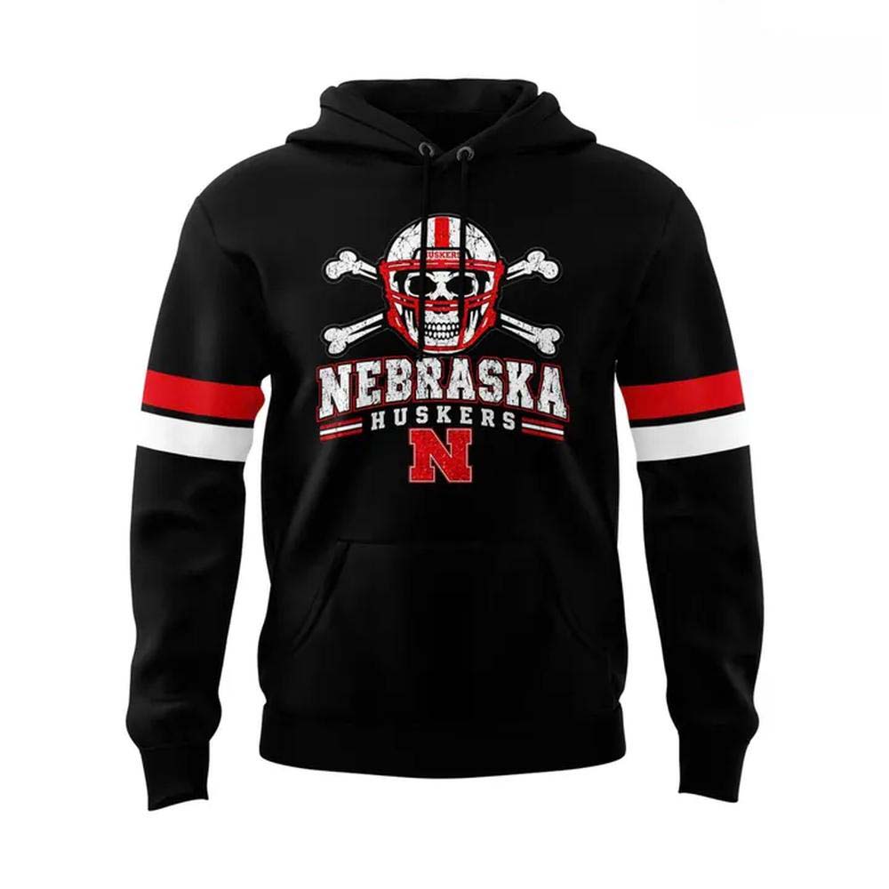 Nebraska Huskers Wear Black Skull Helmet Black Pullover Hoodie - Image 2