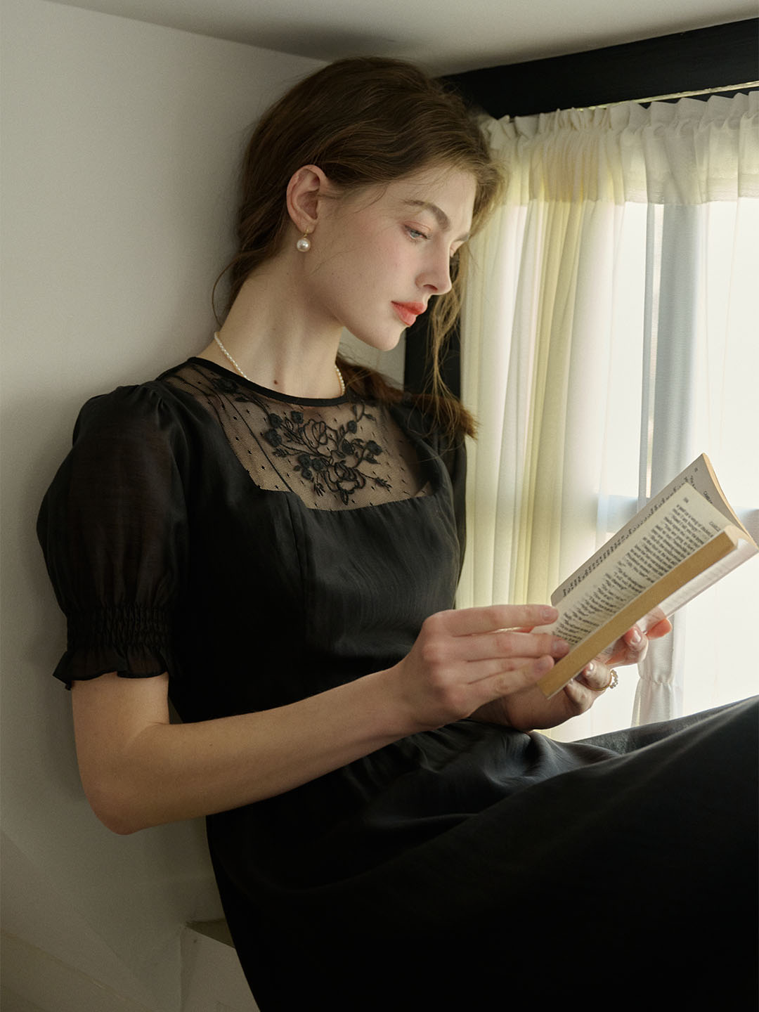 Nebular Black Good Stylists Mesh Lace Embroidered High Neck Puff Sleeve Dress