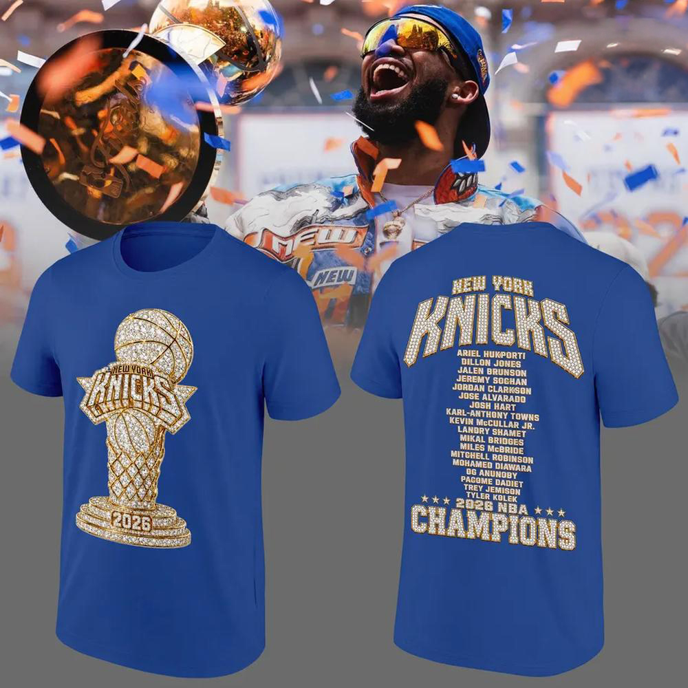 New York Knicks Blue Basketball Gold Trophy T Shirt
