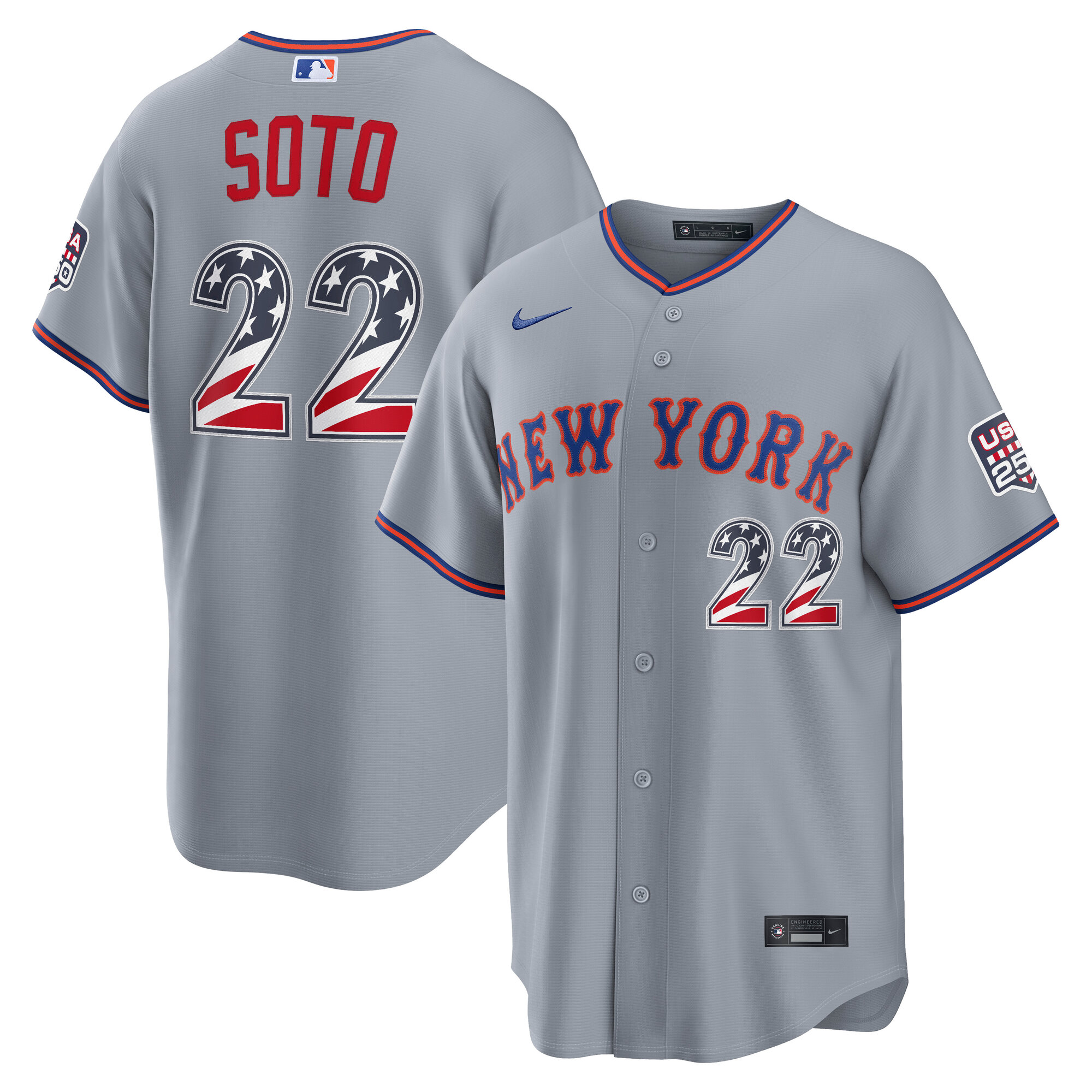 New York Mets Juan Soto Gray USA 250 Fourth of July Road Baseball Jersey_1