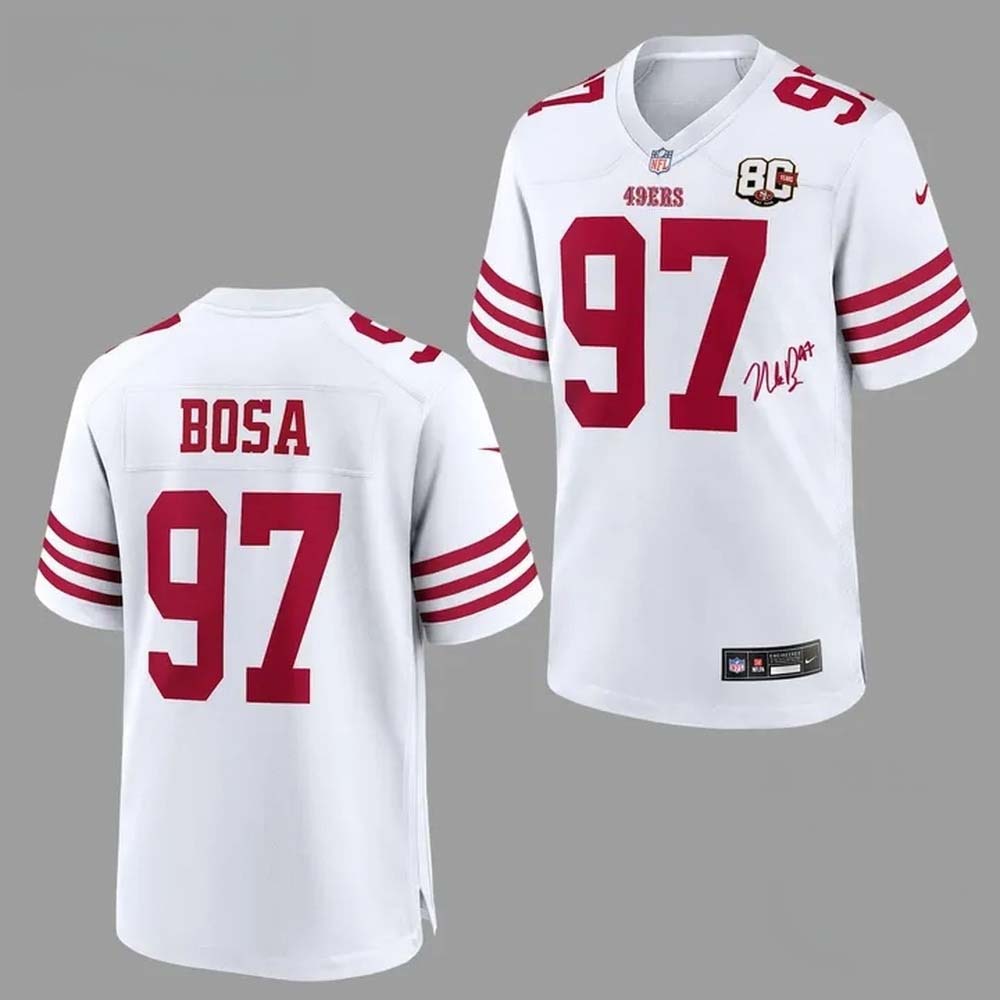 Signatures Print Football Jersey Nick Bosa San Francisco 49ers 80th Anniversary Athletic Collection 2 - Unicasport Signatures Print Football Jersey Nick Bosa San Francisco 49ers 80th Anniversary Athletic Collection