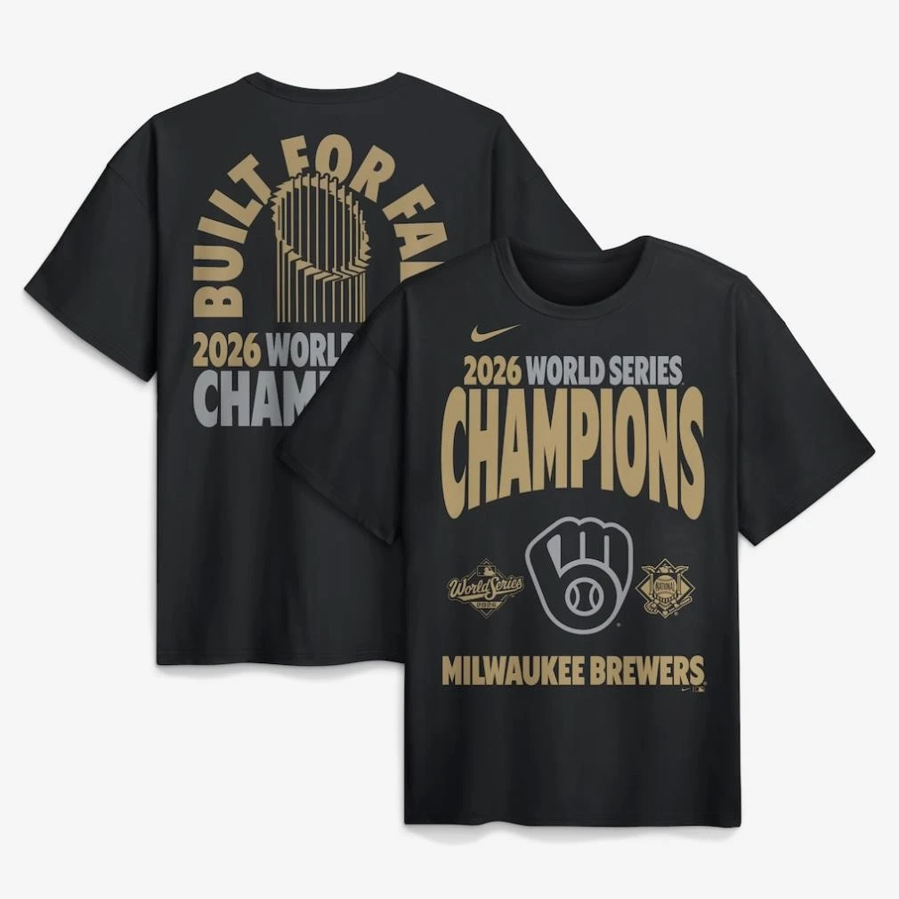 Nike Milwaukee Brewers Black 2026 World Series Champions Raise the Trophy Two Sided Shirt