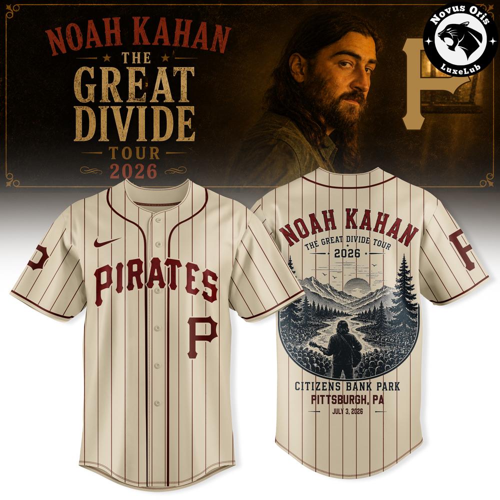 Noah Kahan Pittsburgh Pirates The Great Divide Tour 2026 Baseball Jersey 1 - Unicasport Noah Kahan Pittsburgh Pirates The Great Divide Tour 2026 Baseball Jersey