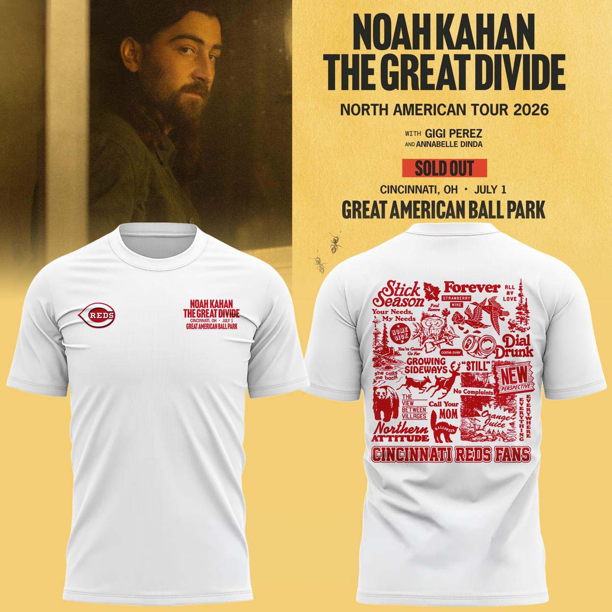 Noah Kahan x Cincinnati Reds Great American Ball Park White Concert T-Shirt Best Gift for Fans