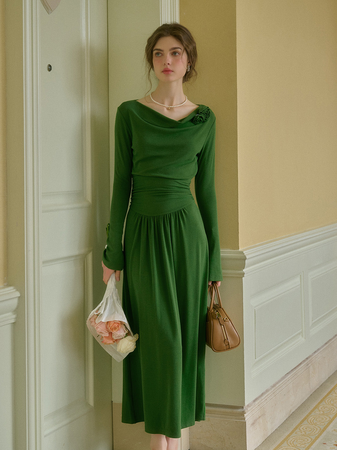 Numinous Deep Green Long Sleeve Draped Neck 3D Floral Fitted Midi Dress Good Stylists