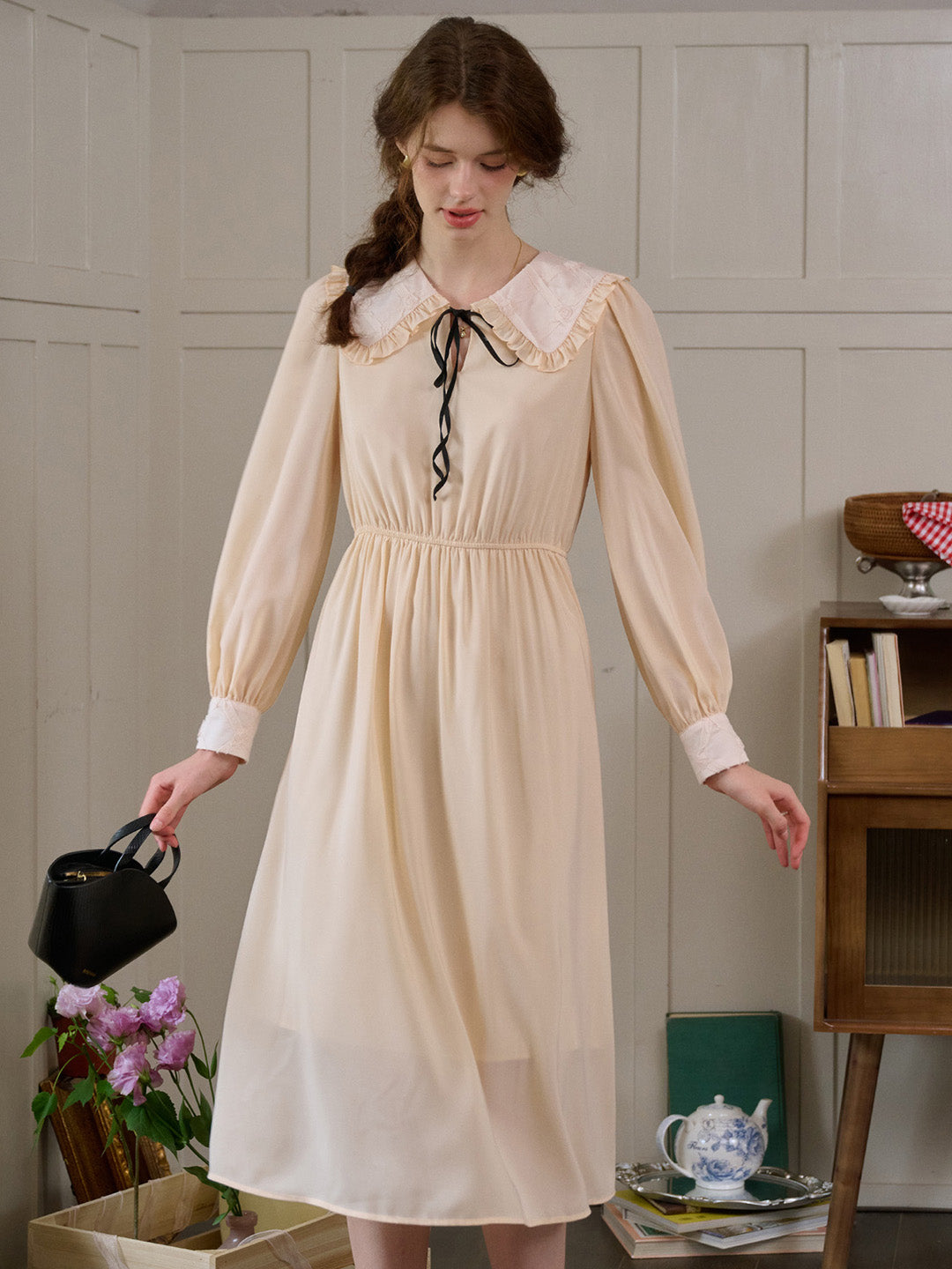 Oatmeal Beige Good Stylists Bumbershoot Pleated Gown with Peter Pan Collar
