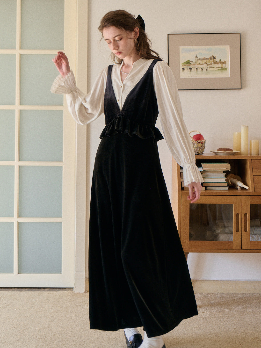 Oblivion Midnight Black Velvet V-Neck Suspender Pinafore Maxi Dress Good Stylists