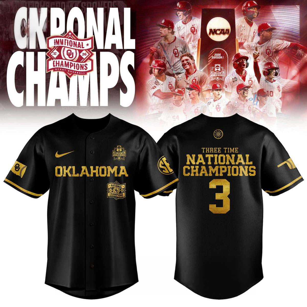 Oklahoma Baseball 2026 NCAA Three Time National Champions Baseball Jersey - Best Gift for Fans