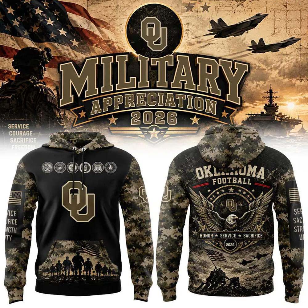 Oklahoma Sooners Military Appreciation 2026 Black Camo Eagle Graphic Hoodie