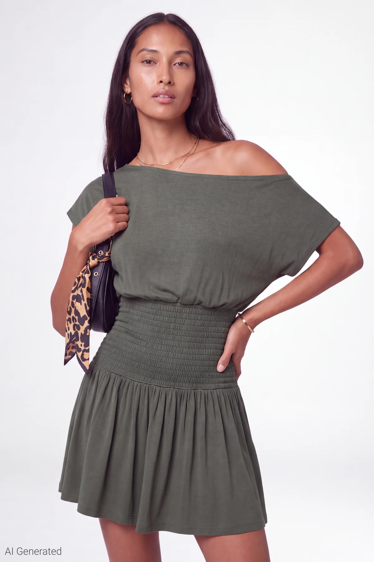Olive Green Teeyoulove Velmira Off Shoulder Smocked Waist Flowy Mini Dress