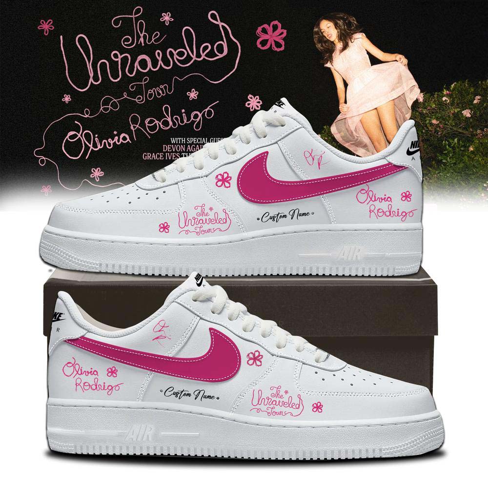 Olivia Rodrigo The Unraveled Tour 2026 White Pink Graphic Air Force 1 Sneakers - Best Gift for Fans