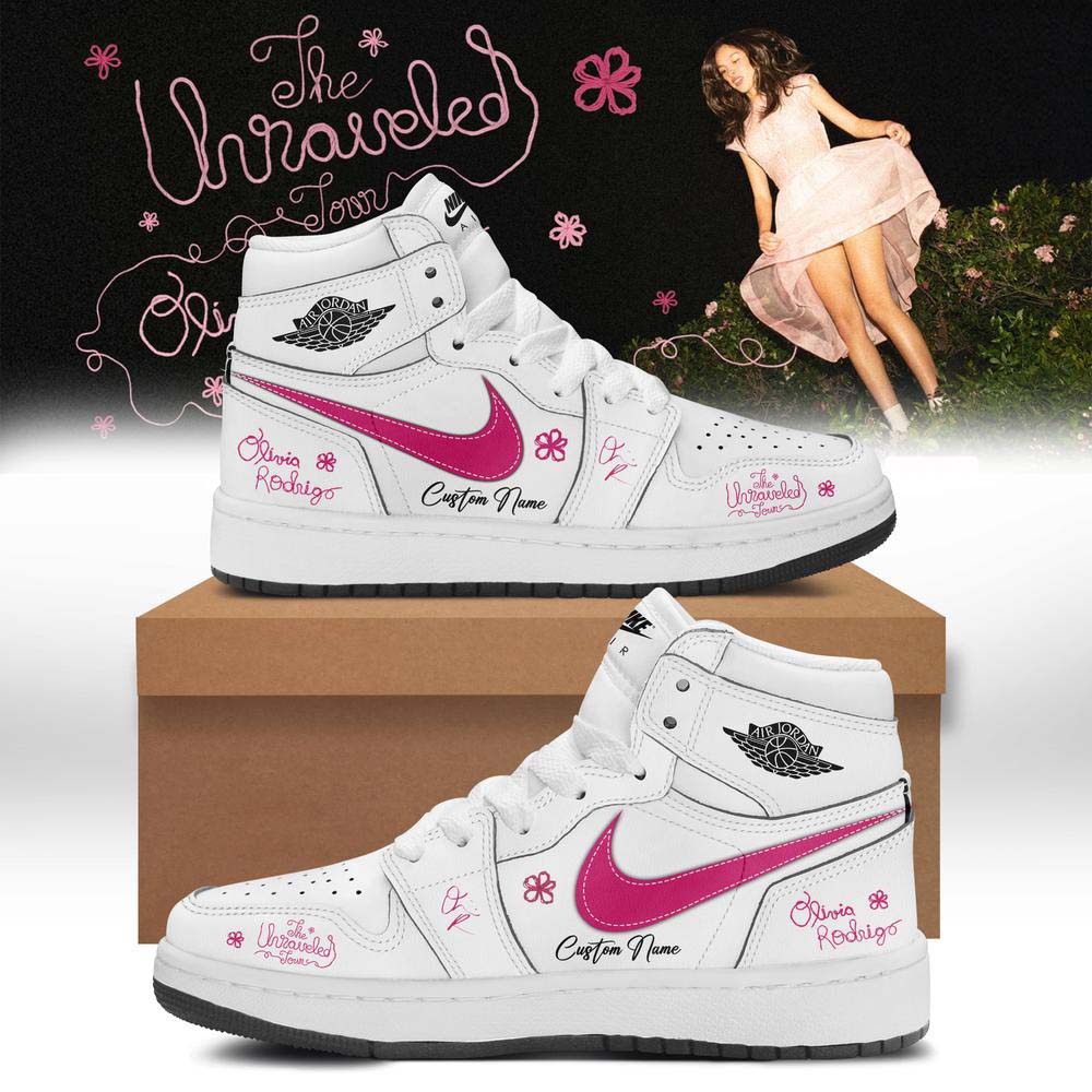 Olivia Rodrigo The Unraveled Tour 2026 White Pink Graphic Air Jordan 1 Sneakers - Best Gift for Fans