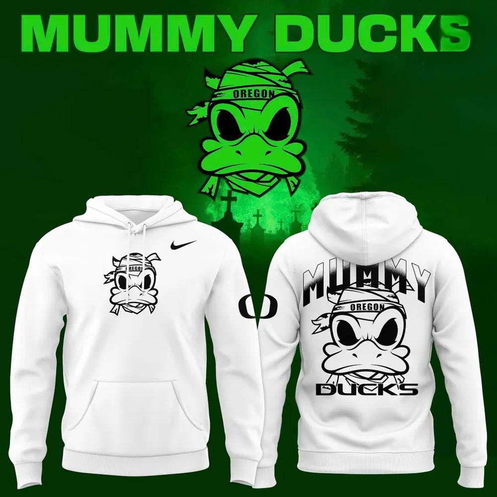 Oregon Ducks Mummy Ducks Halloween 2026 White Cartoon Mascot Pullover Hoodie
