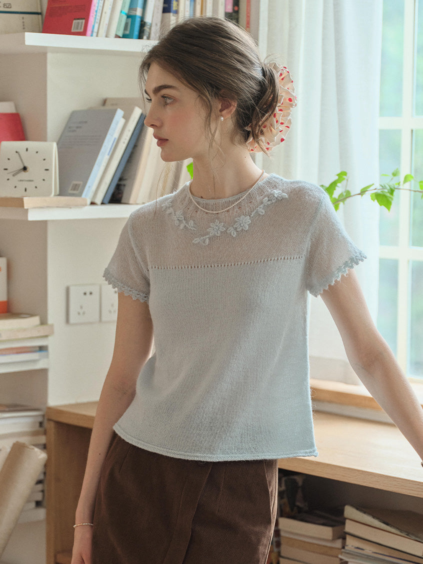 Pale Blue Sonder Short Sleeve Round Neck Embroidered Knitwear Top Good Stylists