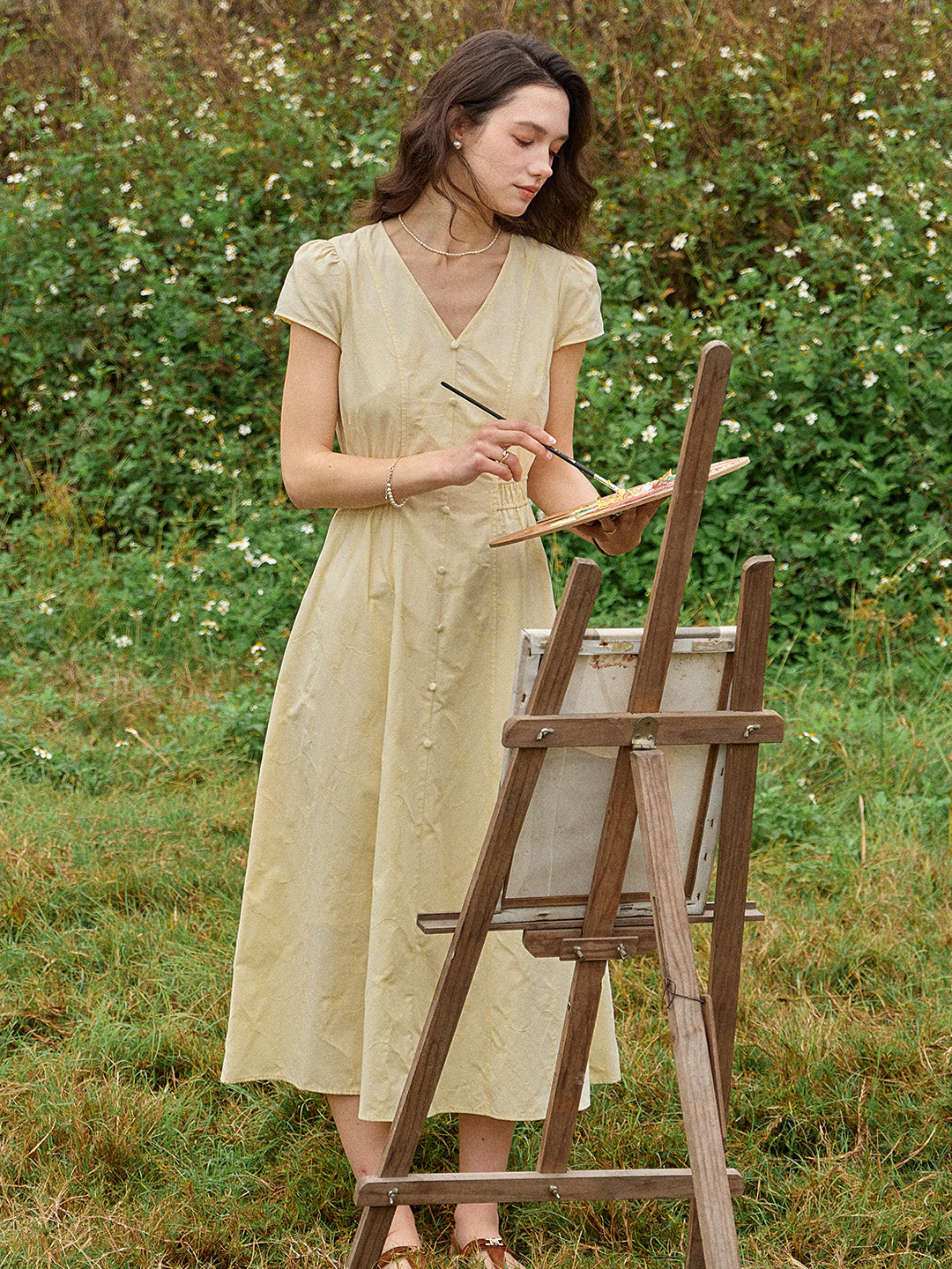Pale Yellow Cotton V-Neck Button Front Short Sleeve Midi Good Stylists Petrichor
