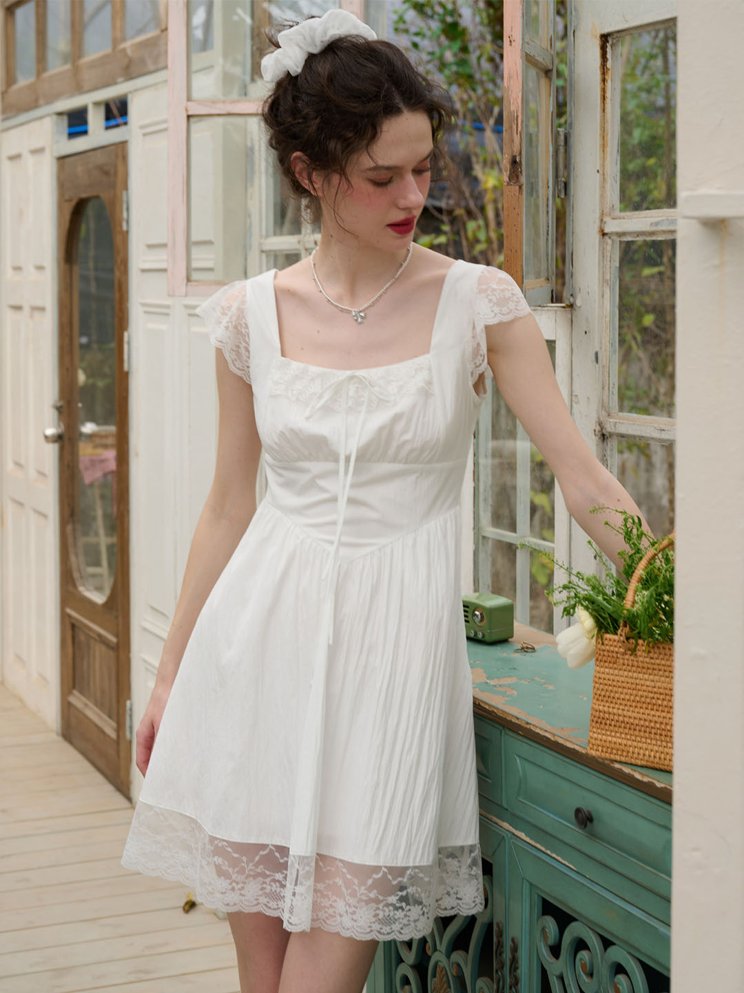 Pearl White Good Stylists Piffle Lace Panel Bow Accented Mini Dress for Party