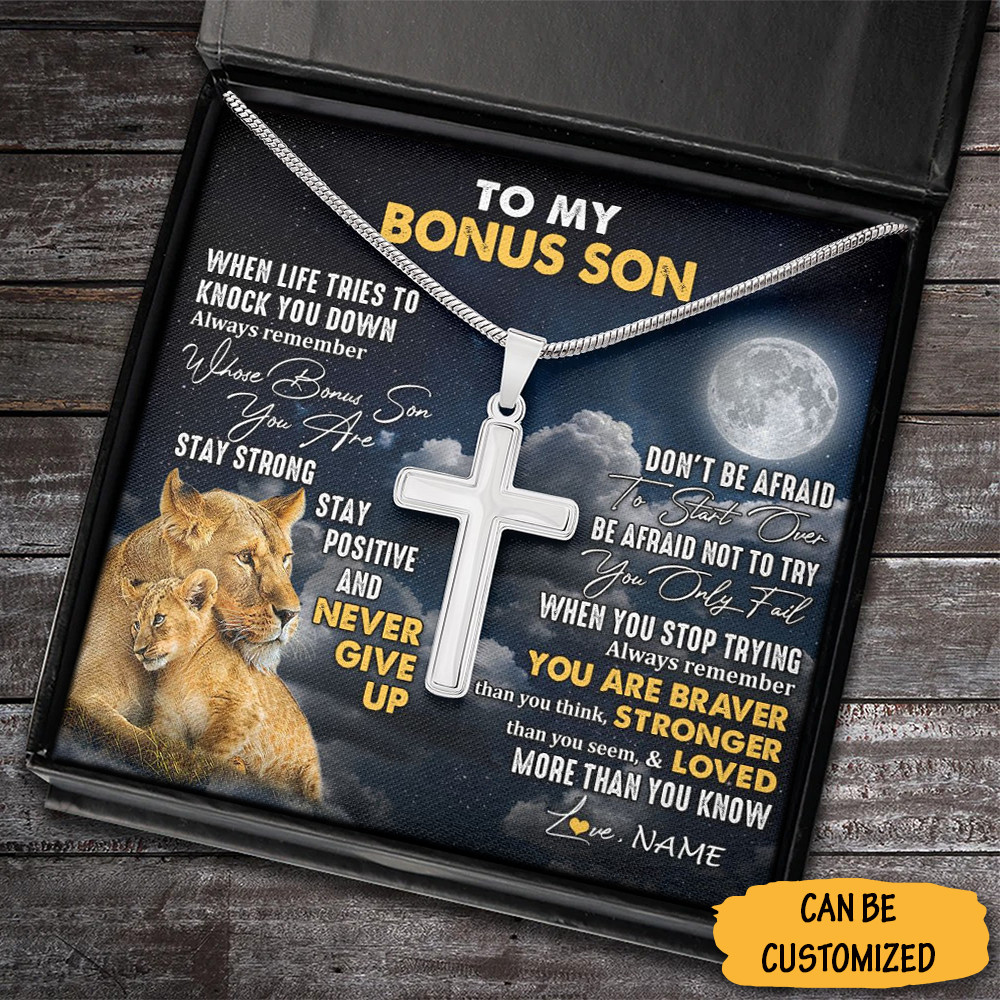Personalized Lion To My Bonus Son Cross Necklace Silver Cross Chain Necklace For Bonus Child Gift Christmas 1 Personalized Lion To My Bonus Son Cross Necklace Silver Cross Chain Necklace For Bonus Child Gift Christmas