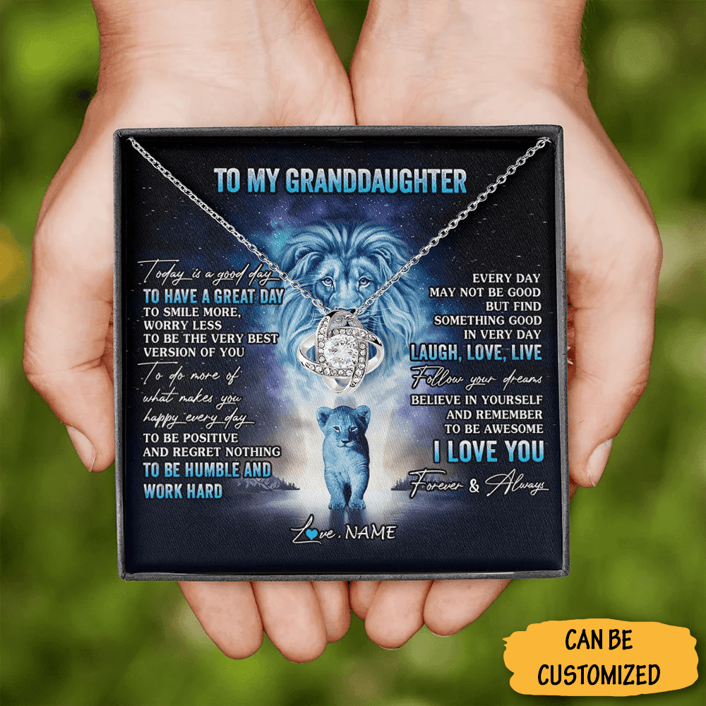 Personalized Lion To My Granddaughter Necklace From Grandpa Love Knot Silver Necklace With Message Card 1 Personalized Lion To My Granddaughter Necklace From Grandpa Love Knot Silver Necklace With Message Card