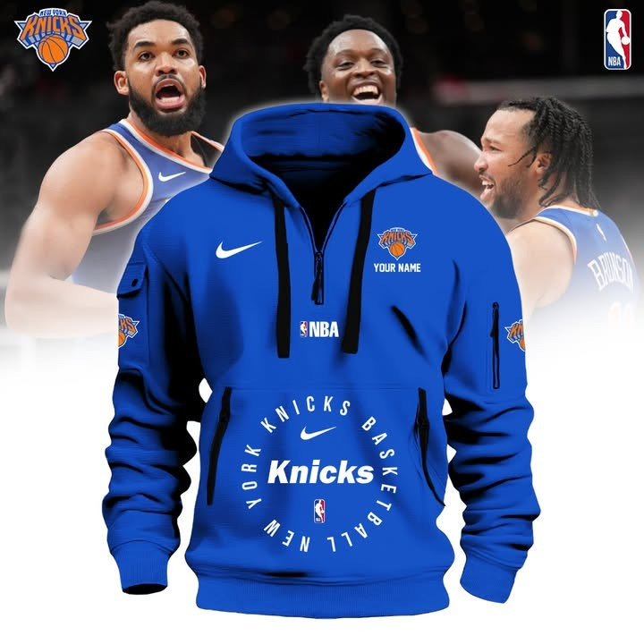 Personalized New York Knicks Quarter Zip Hoodie Blue Basketball Lovers NY Knicks Fan Merch