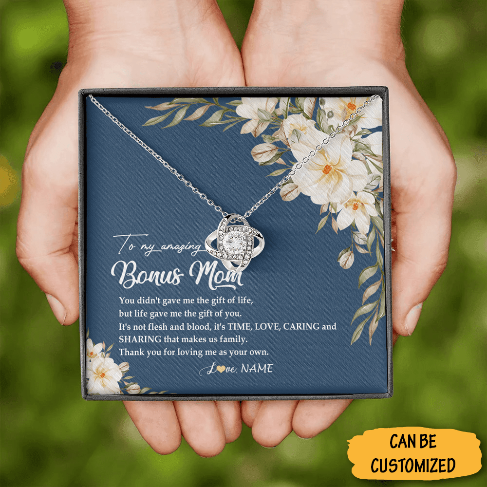 Personalized To My Amazing Bonus Mom Necklace Love Knot Silver Necklace Box The Perfect Gift Bonus Mom 1 Personalized To My Amazing Bonus Mom Necklace Love Knot Silver Necklace Box The Perfect Gift Bonus Mom