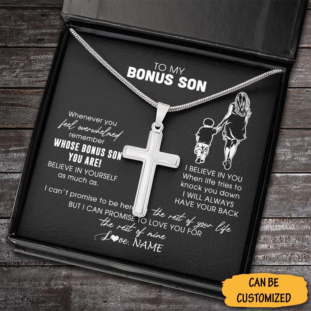 Personalized To My Bonus Son Cross Necklace Silver Cross Chain Necklace For Bonus Son Gifts From Stepmom 1 Personalized To My Bonus Son Cross Necklace Silver Cross Chain Necklace For Bonus Son Gifts From Stepmom
