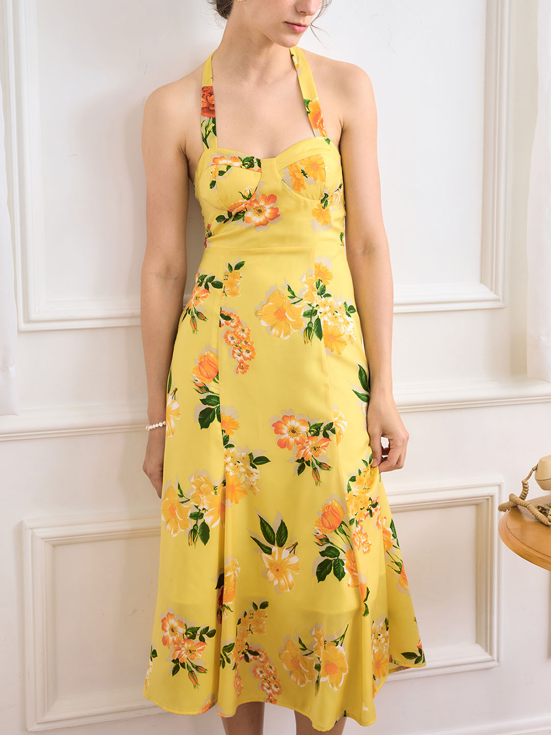 Phantasm Bright Yellow Floral Halter Neck Sweetheart Dress Good Stylists