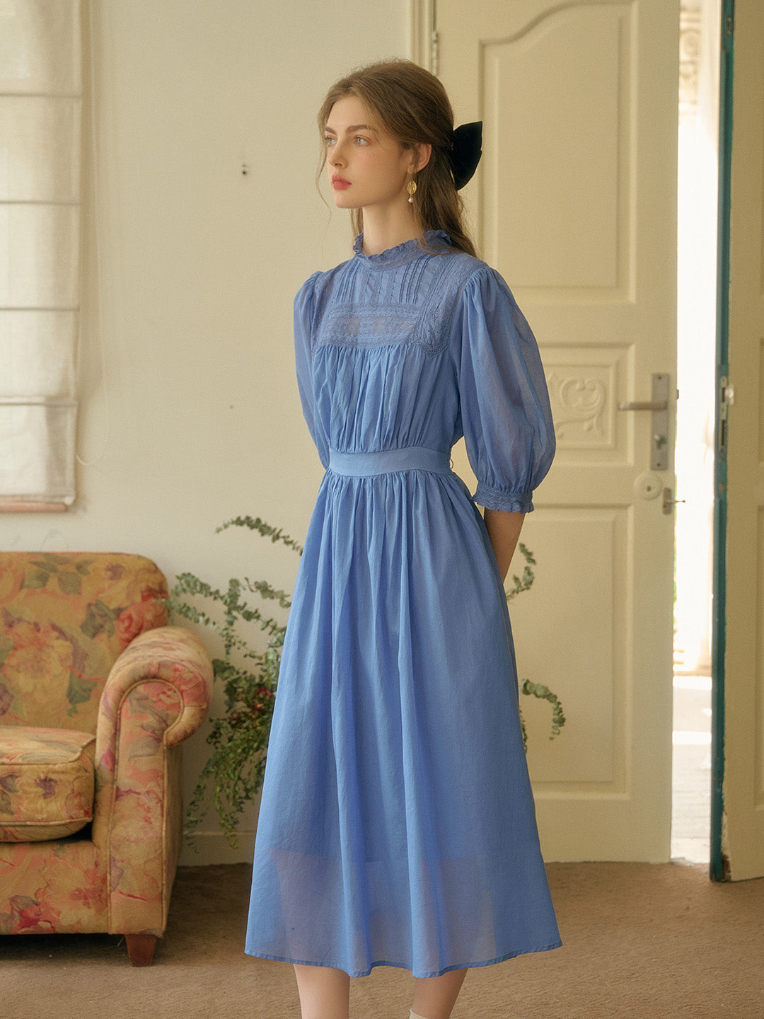 Phantasm Cerulean Blue Good Stylists Cotton Lace Panel Puff Sleeve Maxi Gown