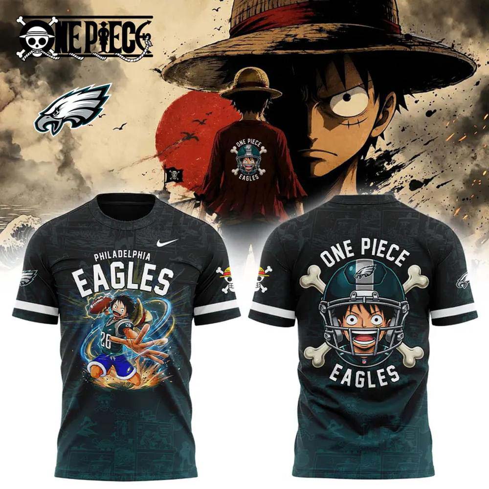 Philadelphia Eagles x One Piece 2026 Dark Green Luffy Anime Football Graphic T Shirt