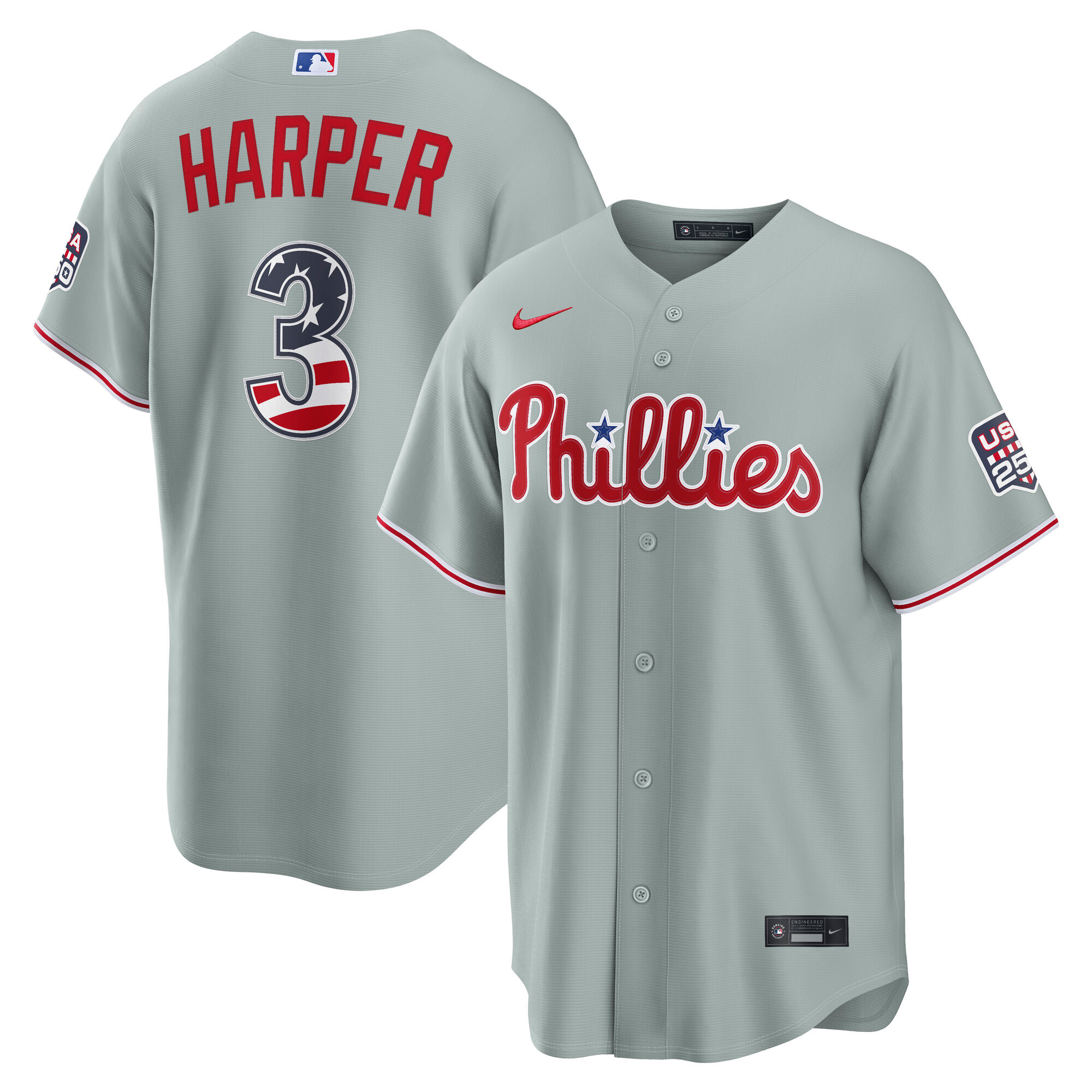 Philadelphia Phillies Bryce Harper Gray USA 250 Fourth of July Road Baseball Jersey