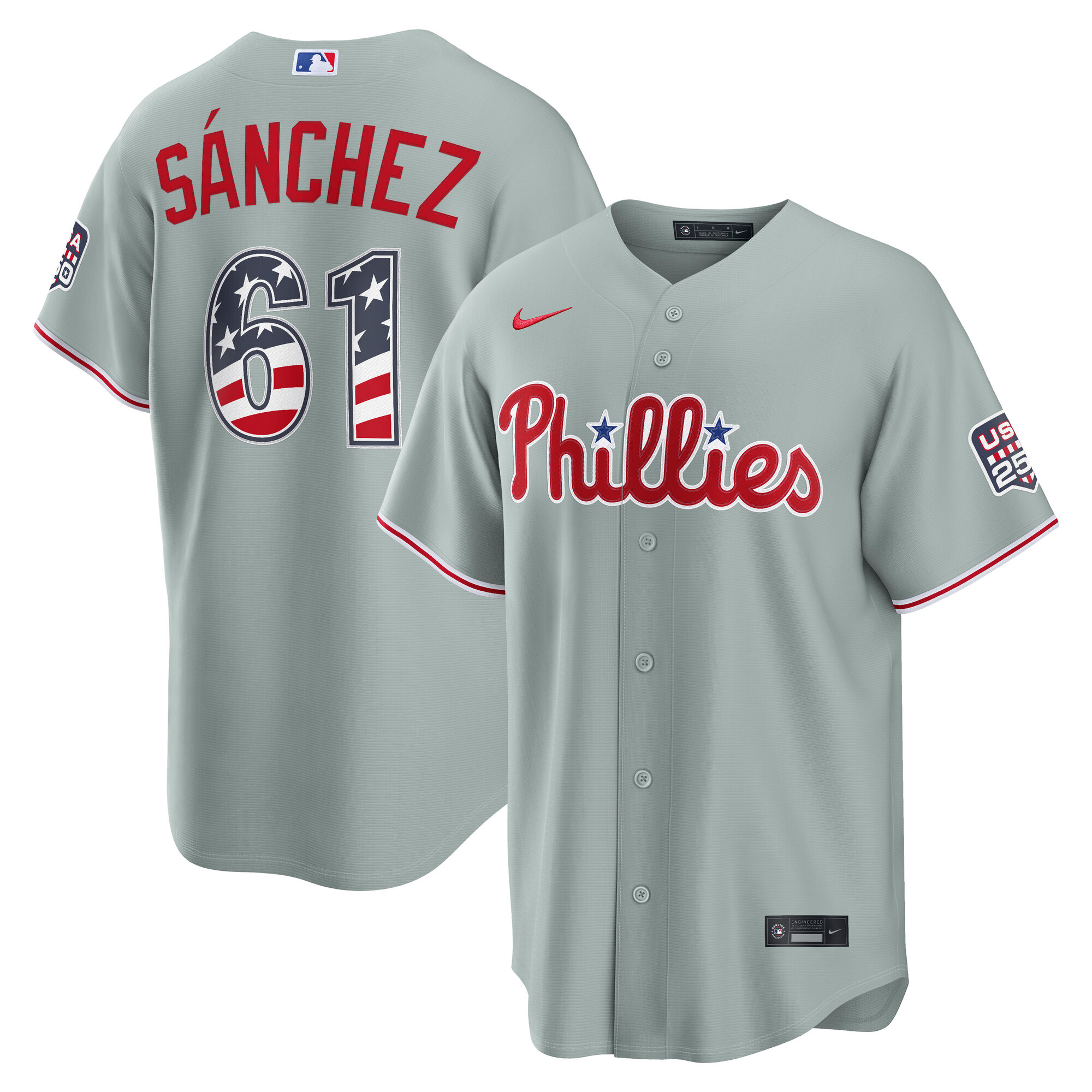 Philadelphia Phillies Cristopher Sanchez Gray USA 250 Fourth of July Road Baseball Jersey_1