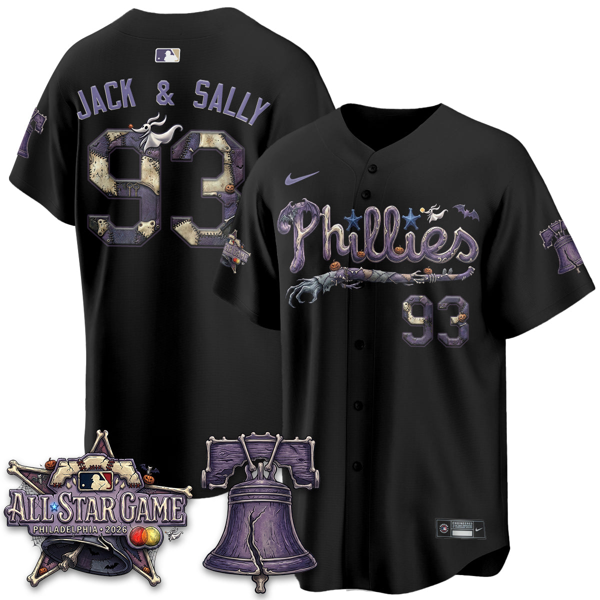 Philadelphia Phillies Jack and Sally 93 Halloween Black Baseball Jersey Baseball Fan Collection 1 - Unicasport Philadelphia Phillies Jack and Sally 93 Halloween Black Baseball Jersey Baseball Fan Collection