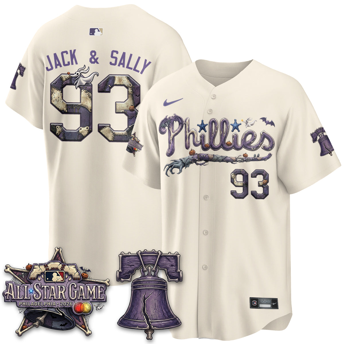 Philadelphia Phillies Jack and Sally 93 Halloween Cream Baseball Jersey Game Day Collection