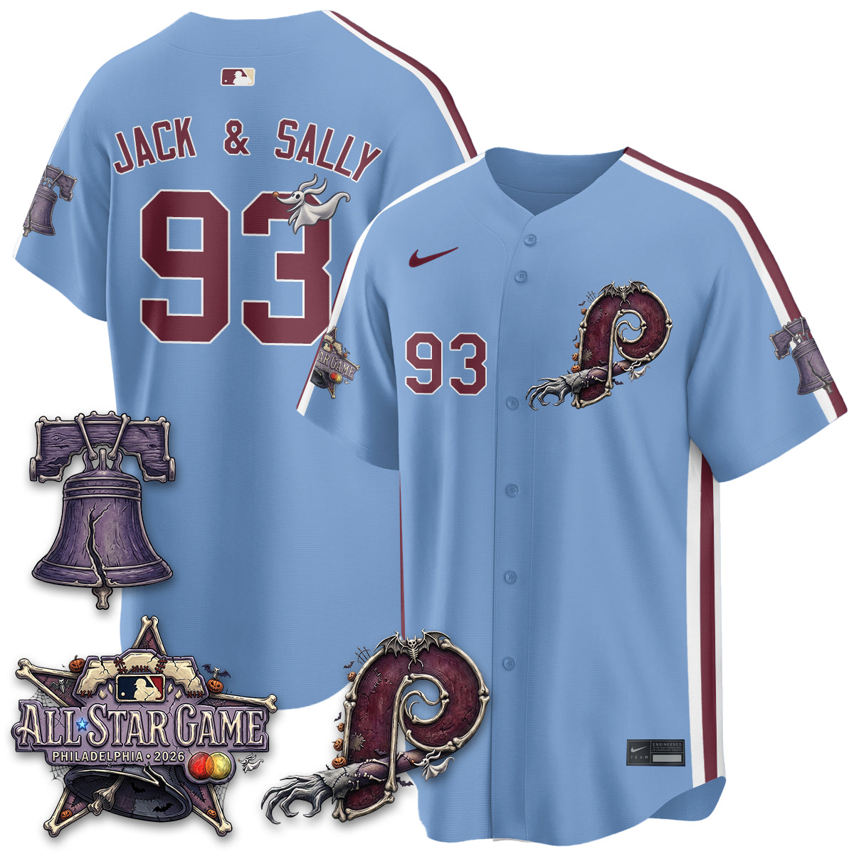 Philadelphia Phillies Jack and Sally 93 Halloween Light Blue Baseball Jersey Fan Jersey Collection 1 - Unicasport Philadelphia Phillies Jack and Sally 93 Halloween Light Blue Baseball Jersey Fan Jersey Collection