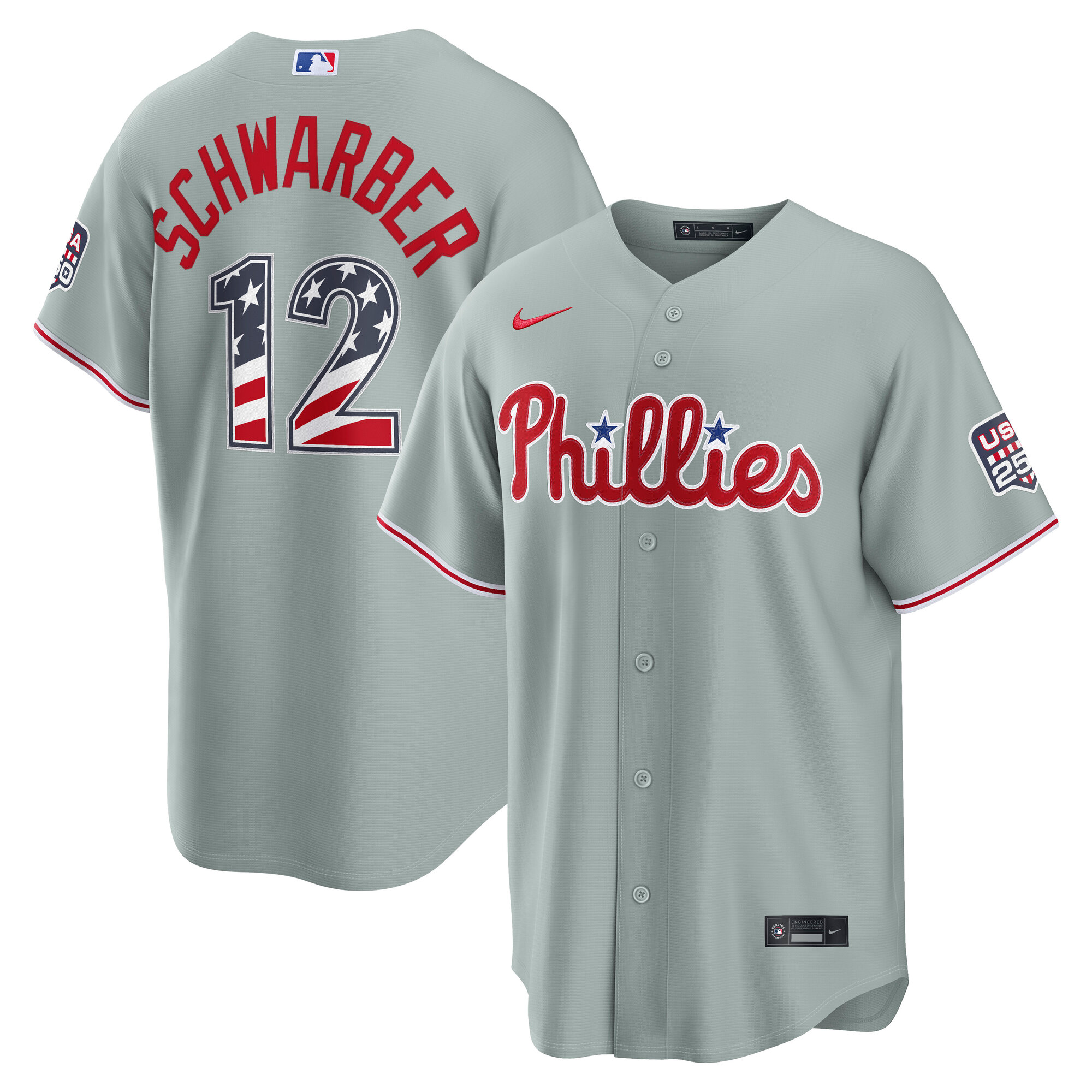 Philadelphia Phillies Kyle Schwarber Gray USA 250 Fourth of July Road Baseball Jersey_1