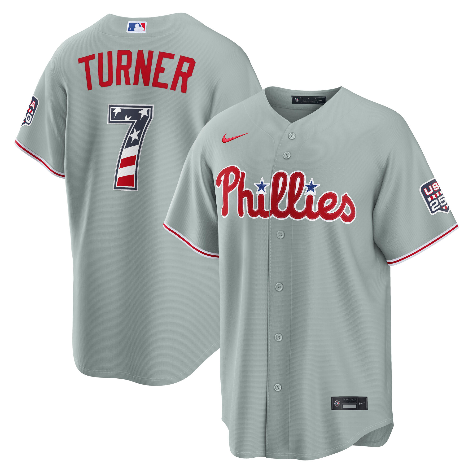 Philadelphia Phillies Trea Turner Gray USA 250 Fourth of July Road Baseball Jersey_1