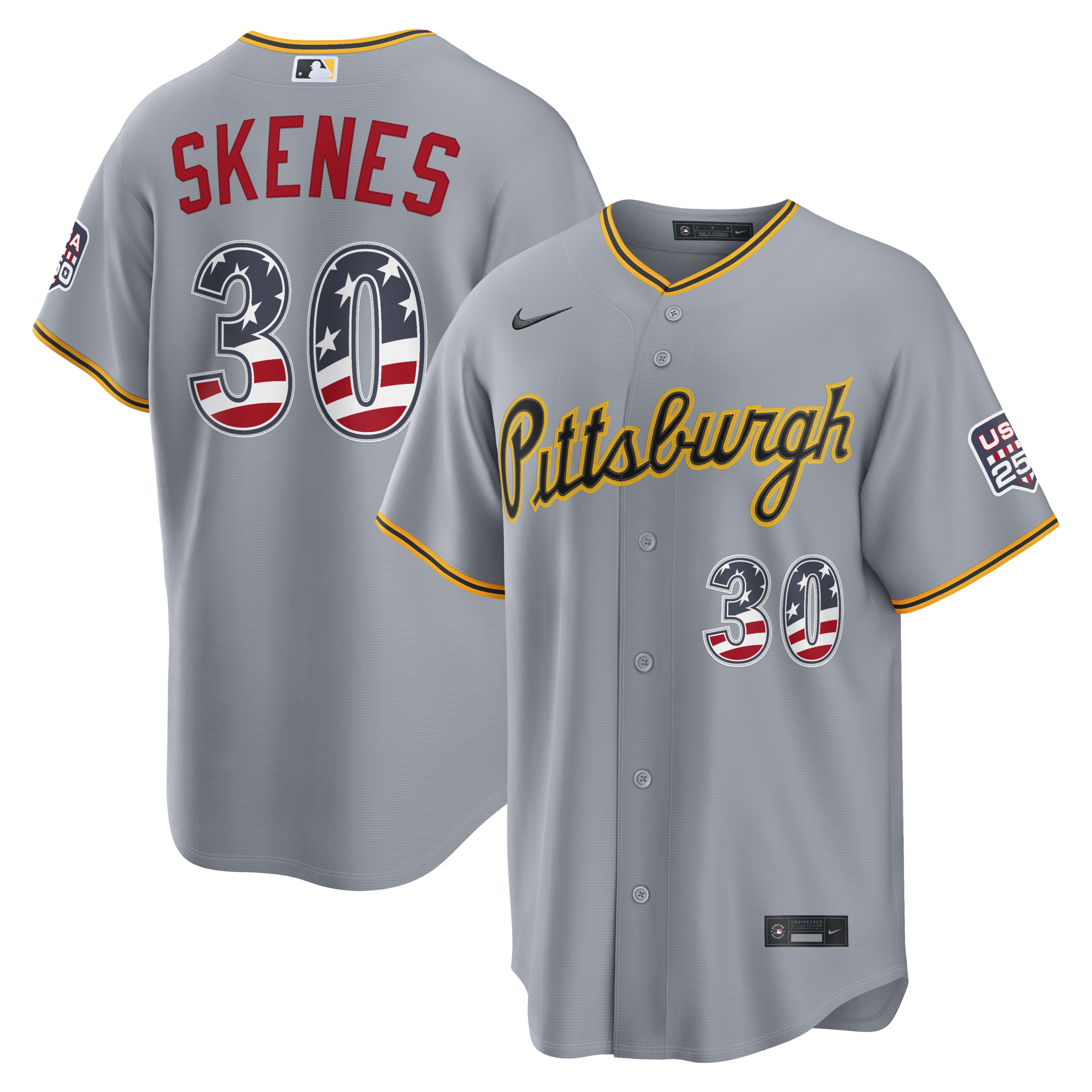 Pittsburgh Pirates Paul Skenes Gray USA 250 Fourth of July Road Baseball Jersey_1