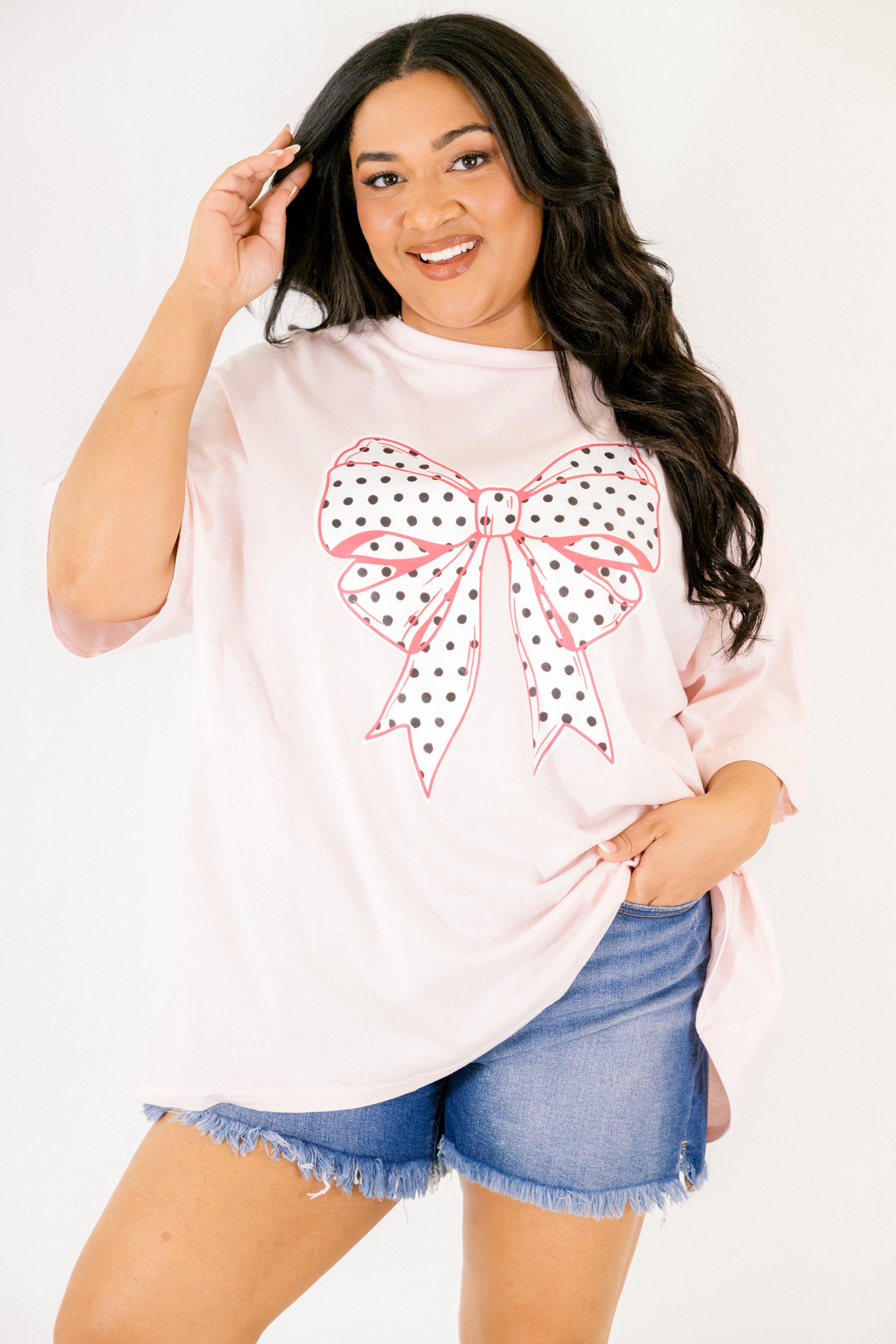 Polka Dot Bow Boyfriend Tee, Cream Pink