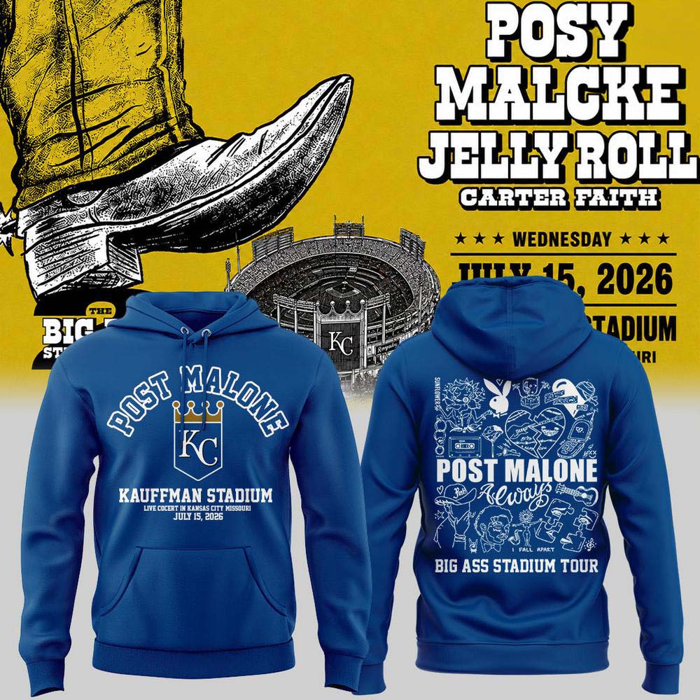Post Malone x Jelly Roll Big Ass Stadium Tour 2026 Blue Graphic Hoodie - Kansas City Royals Merchandise Gift Idea