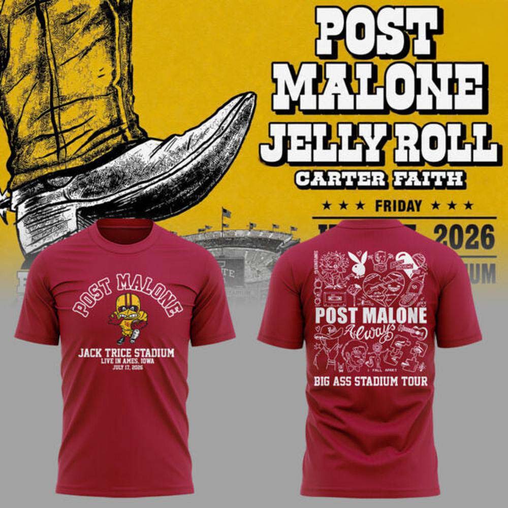 Post Malone x Jelly Roll Big Ass Stadium Tour 2026 Red Graphic T-Shirt - Best Gift for Fans