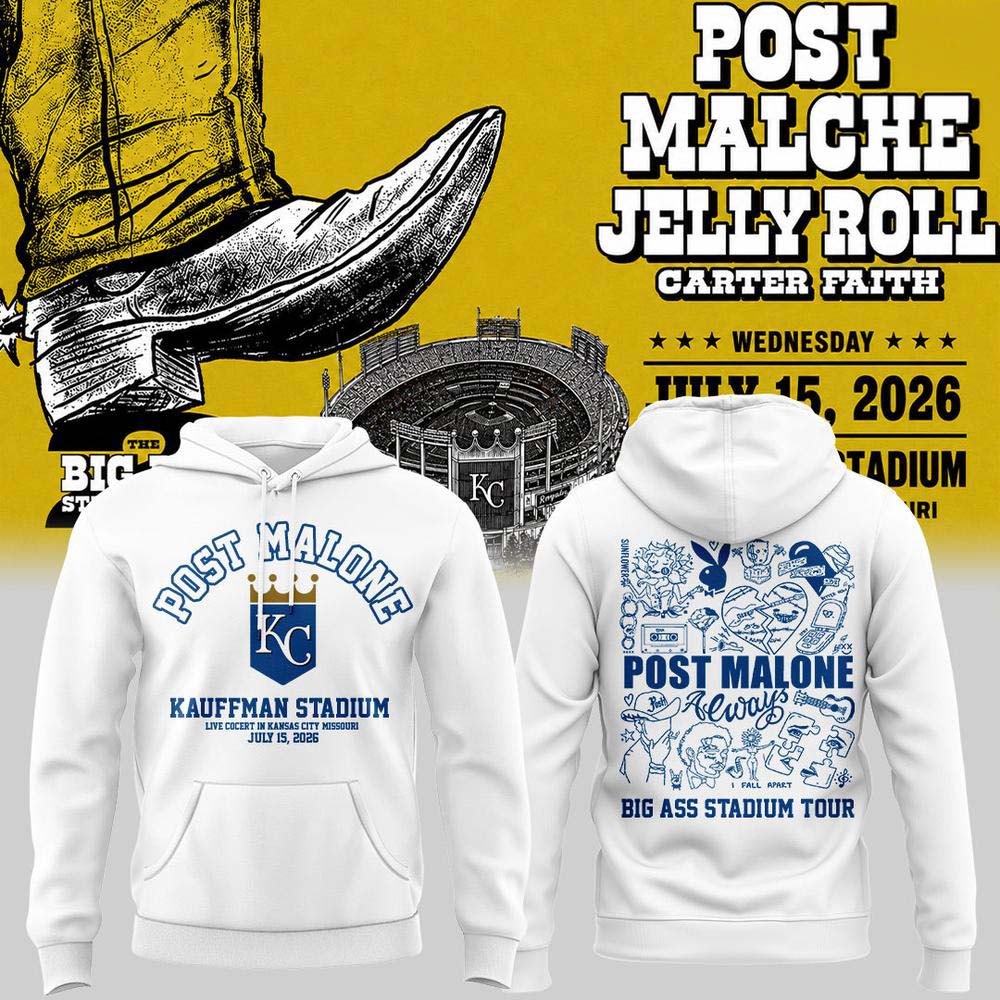 Post Malone x Jelly Roll Kansas City Royals Big Ass Stadium Tour 2026 White Graphic Hoodie - Best Gift for Fans