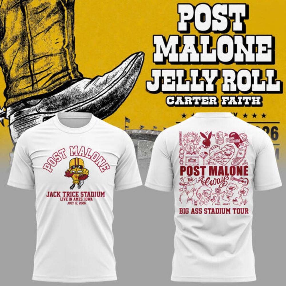 Post Malone x Jelly Roll Big Ass Stadium Tour 2026 White Pink T Shirt - Gift Idea for Fans