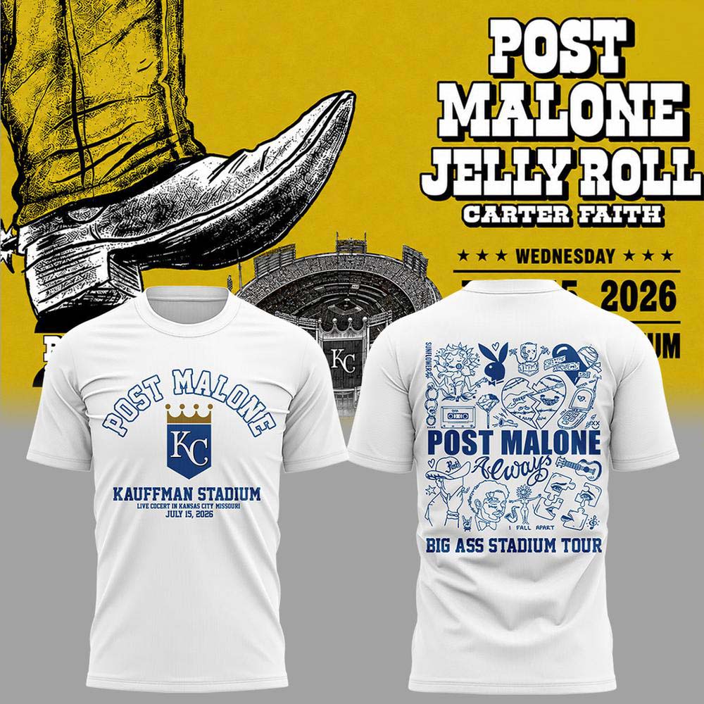 Post Malone x Jelly Roll Big Ass Stadium Tour 2026 Kansas City Royals White T-Shirt - Concert Merchandise Gift for Fans