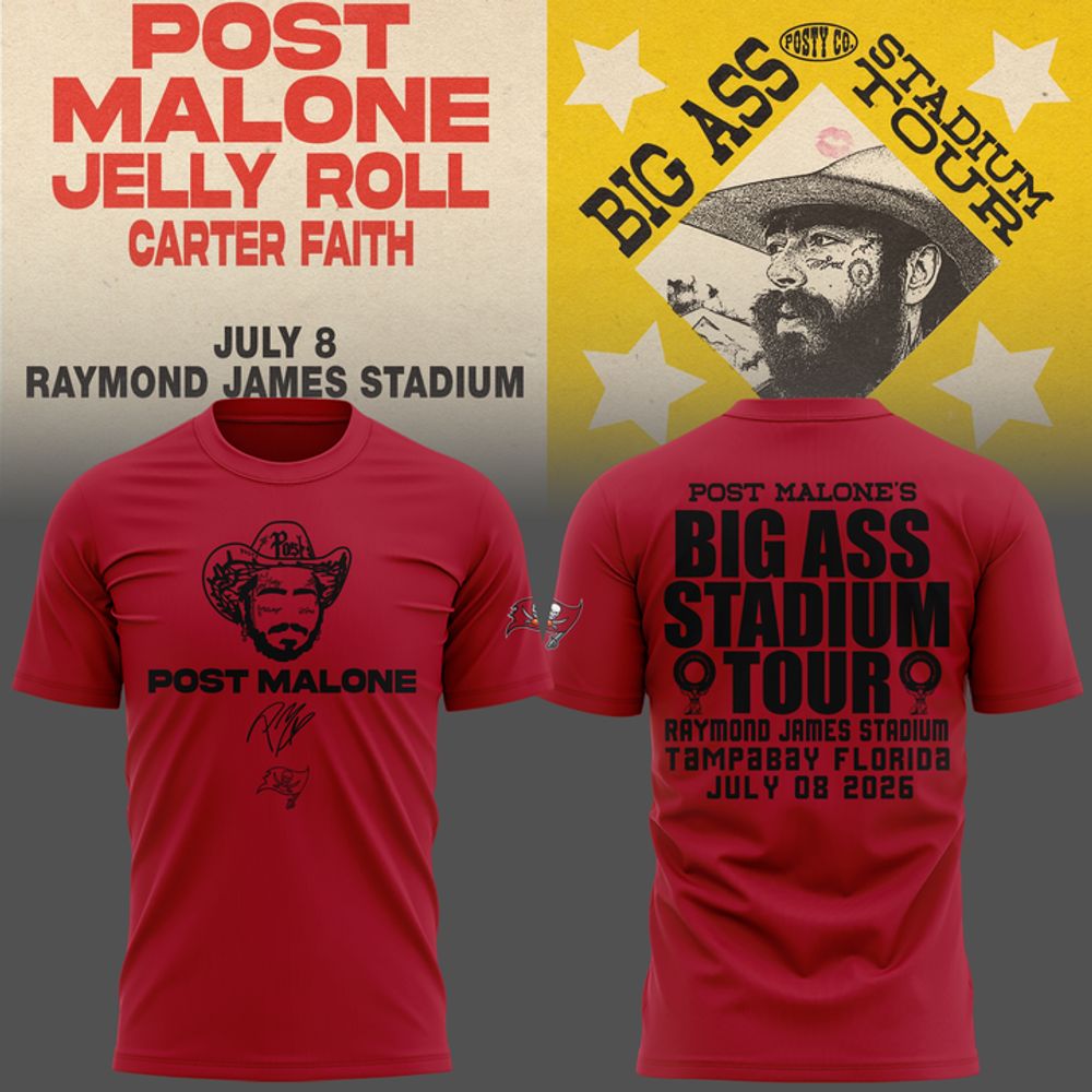 Post Malone x Tampa Bay Buccaneers Big Ass Stadium Tour 2026 Red T-Shirt