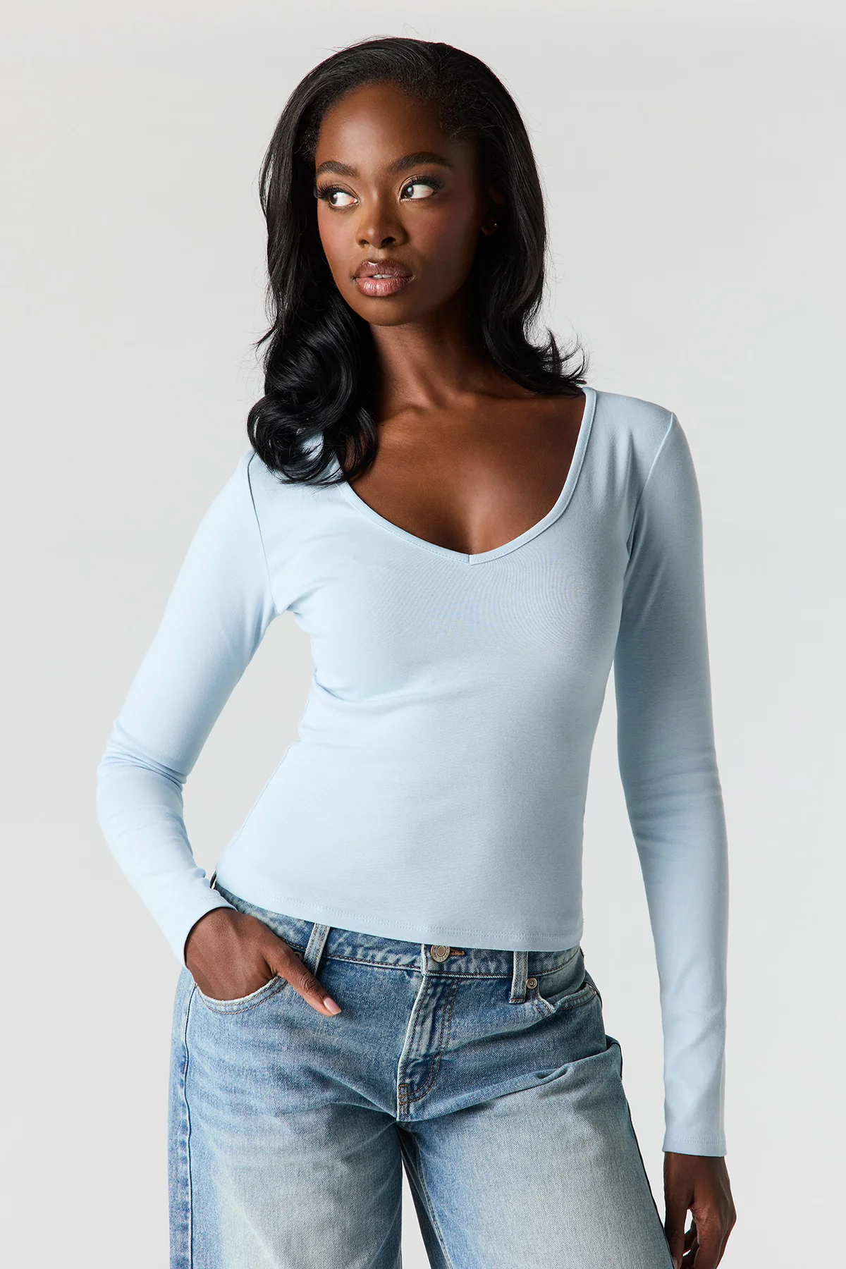 Powder Blue Teeyoulove Elvora V Neck Long Sleeve Ribbed Fitted Stretch Casual Top