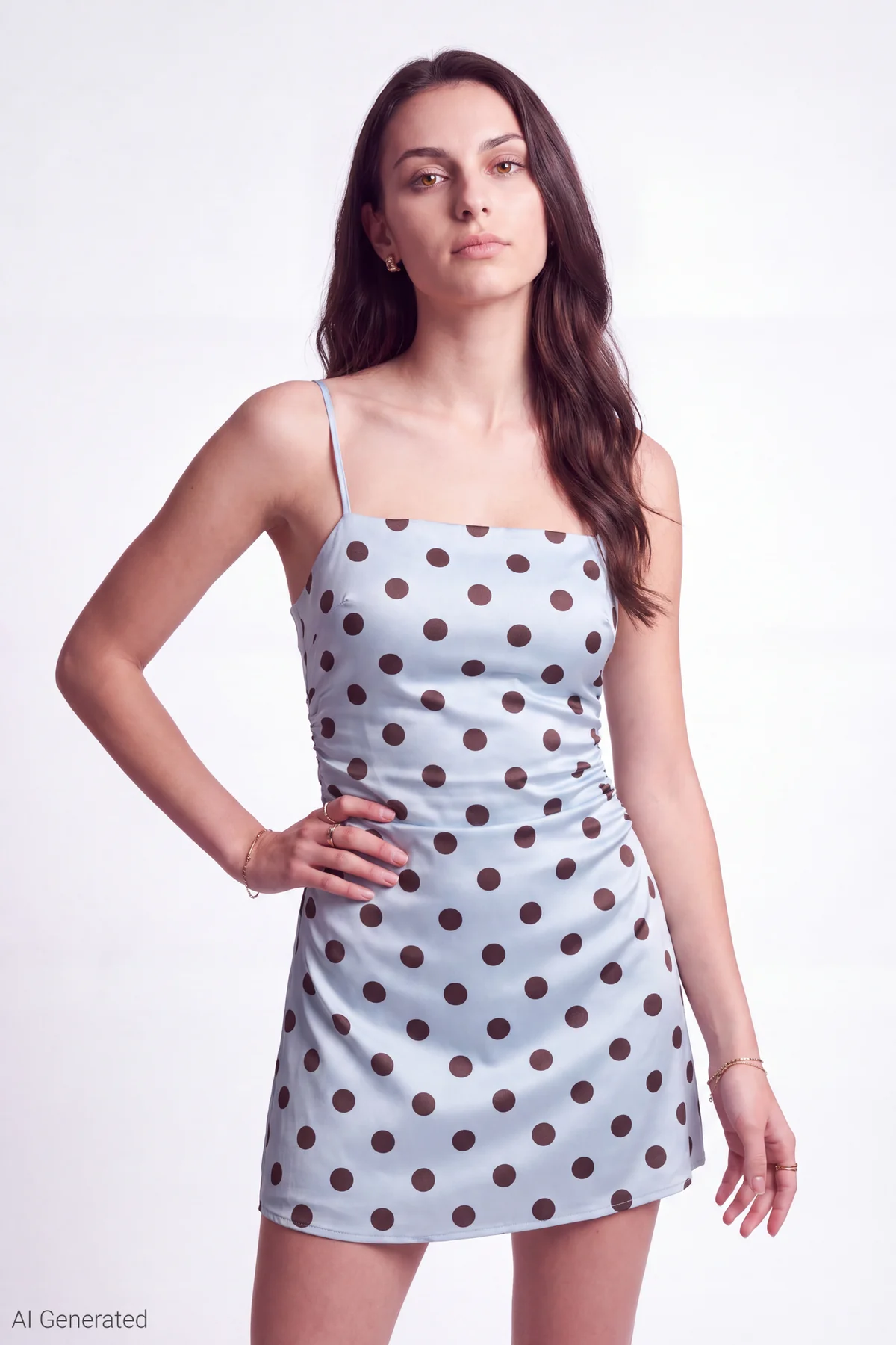 Powder blue mini dress with brown polka dots and spaghetti straps